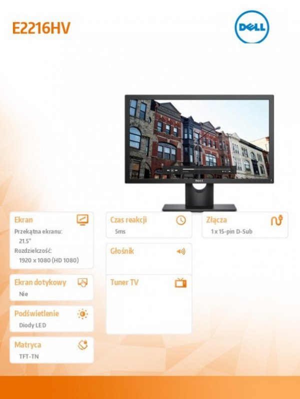 Monitor E2216HV 21,5"  LED TN Full HD (1920 x1080) /16:9/VGA/3Y PPG