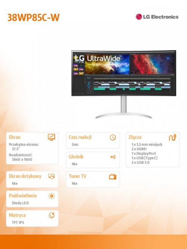 Monitor 38WP85C-W 37.5 cala QHD+ UltraWide 21:9 FreeSync