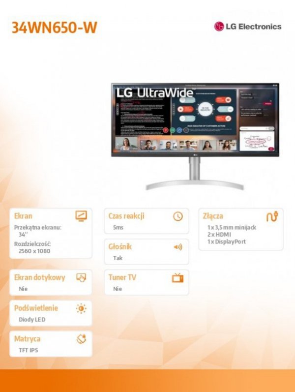 Monitor 34WN650-W IPS Ultra Wide 400cd/m2 2560x1080