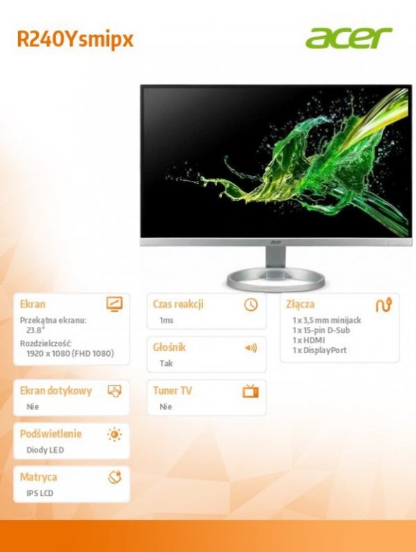 Monitor ACER 24&#039; R240Ysmipx IPS LED 1ms(VRB) 250nits
