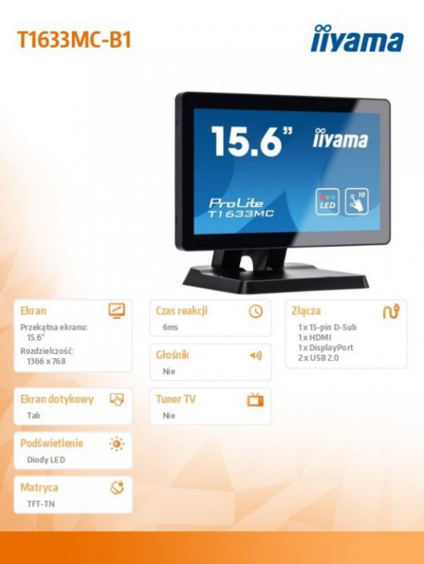 Monitor 16 cali T1633MC-B1 pojemnościowy 10pkt,IP54,TN,USBx2,DP,HDMI,VGA