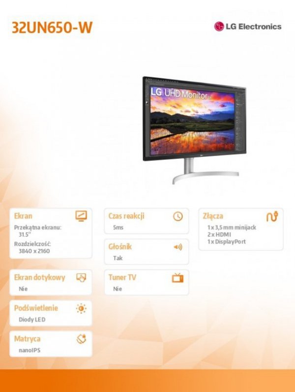 Monitor LG 32UN650-W 31.5&quot; 4K IPS HDR 10 z wbudowanymi głośnikami
