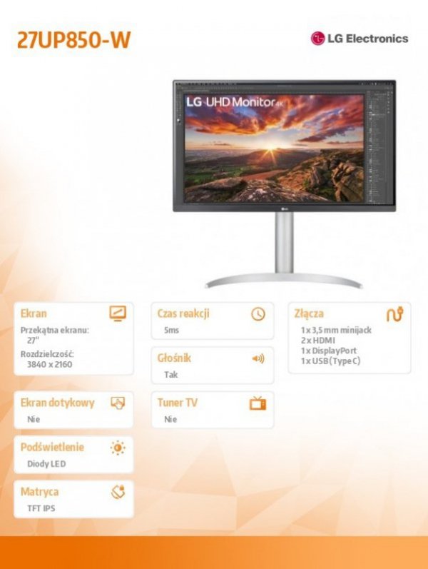 Monitor 27UP850-W 27 cali UHD IPS USB-C Vesa DisplayHDR 400 z głośnikami