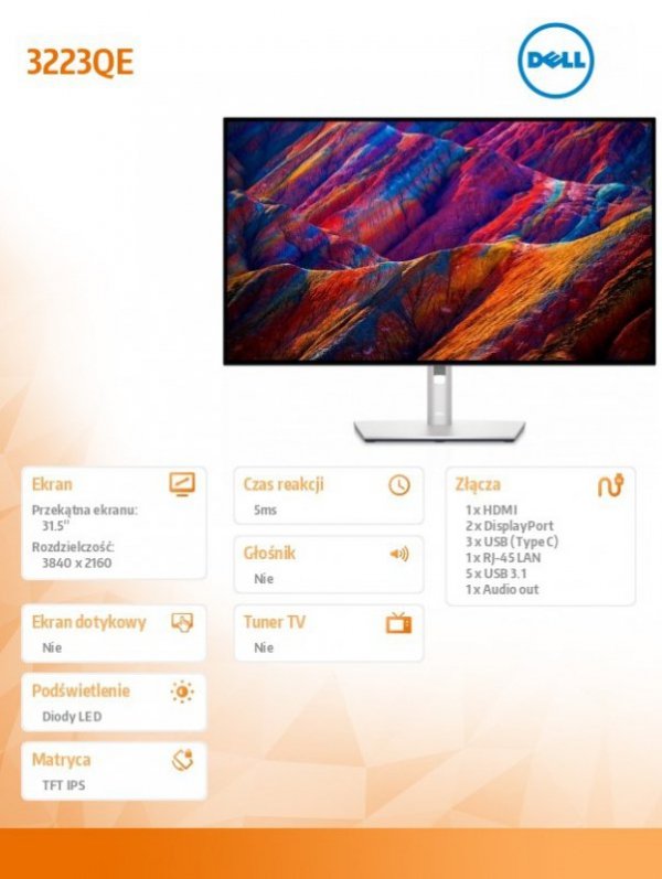 Monitor U3223QE 31,5 IPS LED 4K (3840x2160)/16:9/HDMI/2xDP/3xUSB-C/4xUSB 3.2/RJ-45/3Y AES&PPG