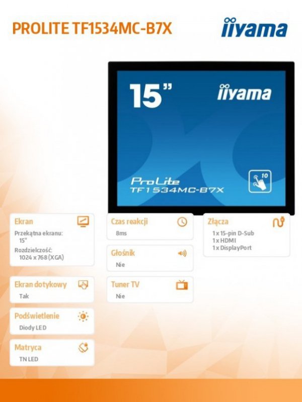 Monitor 15 cali TF1534MC-B7X TN,10 punktów dotykowych, HDMI, DP, 4:3, P65, 7H, USB
