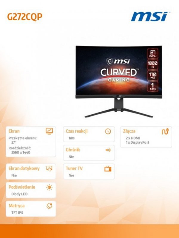 Monitor gamingowy 27 cali G272CQP VA Zakrzywiony/LED/WQHD/170Hz