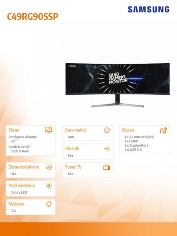 Monitor 49 cali LC49RG90SSPXEN VA 5120x1440 DQHD 32:9 super szeroki 2xHDMI/2xDP 4 ms (GTG) zakrzywiony 120Hz Gaming 2 lata d2d