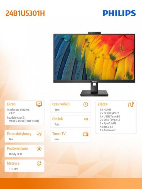 Monitor 23,8 cali 24B1U5301H IPS HDMI DP USB-C Pivot Kamera Głośniki