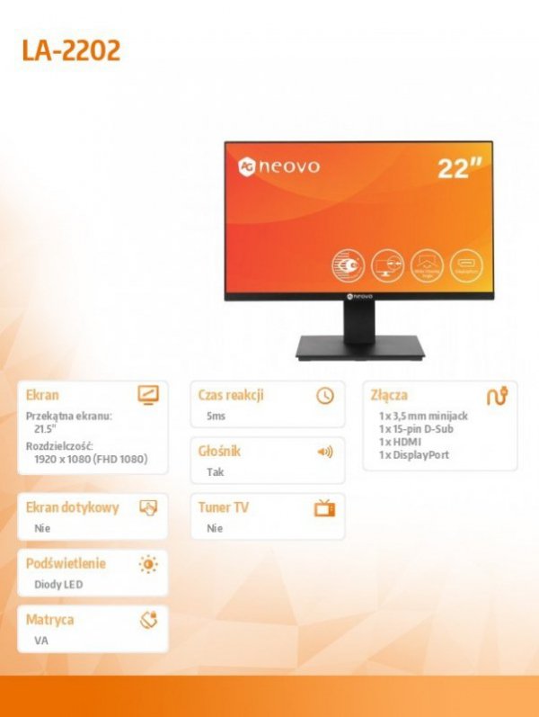 Monitor 22 cale LA-2202 HDMI DP D-SUB