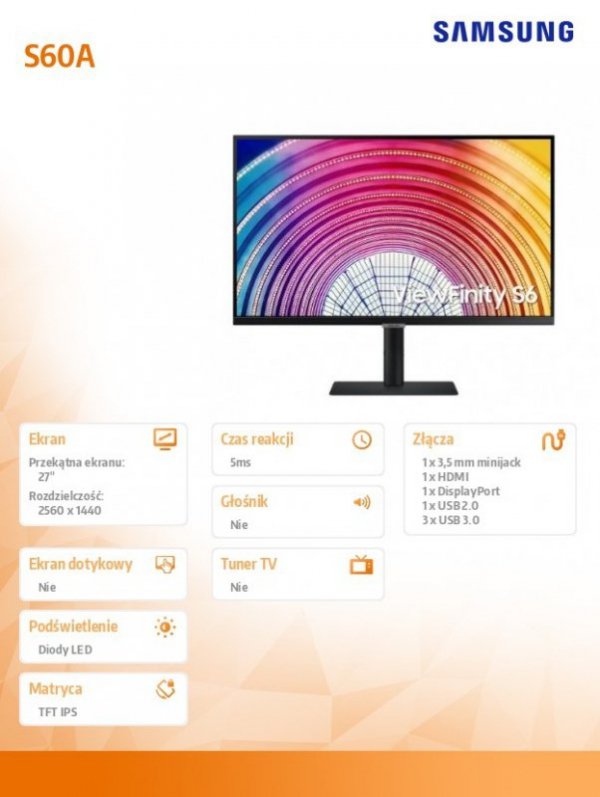 Monitor 27 cali ViewFinity S60A IPS 2560x1440 WQHD 16:9 1xHDMI 1xDP 3xUSB 3.0, 1xUSB 2.0 5ms PinP/PbyP 75Hz HAS+PIV płaski 3YOn-