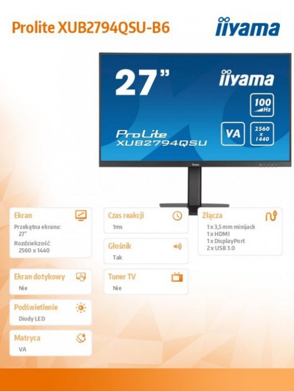 Monitor 27 cali XUB2794QSU-B6 VA,QHD,HDMI,DP,100Hz,HAS(150mm),USB3.2