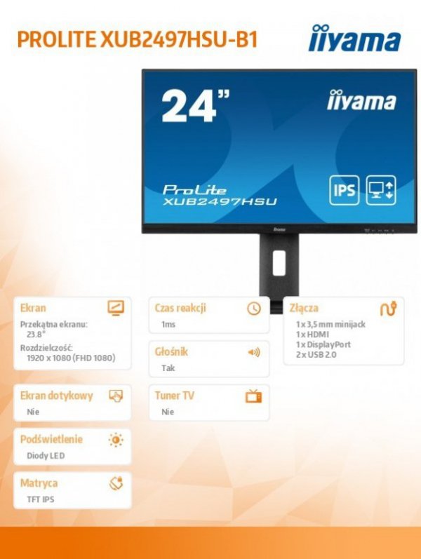 Monitor 24 cale XUB2497HSU-B1 IPS.HDMI.DP.2x2W.2xUSB(2.0).HAS(150mm). 250cd.1ms.100Hz /5y/