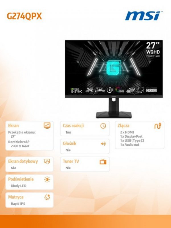 Monitor G274QPX        27 cali/LED/QHD/Flat/240Hz/Czarny