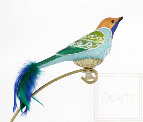 Christmas bauble blue-feather bird - 9cm