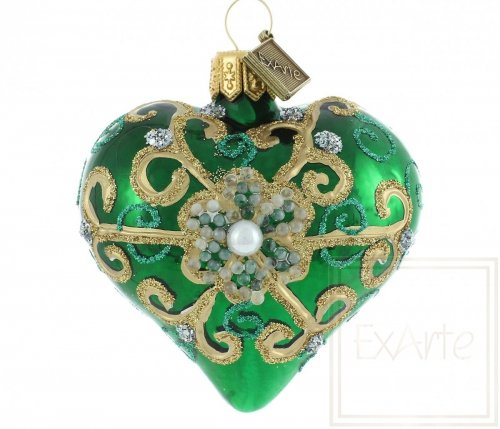 Szklana bombka Serce 5cm - Perła w zieleni