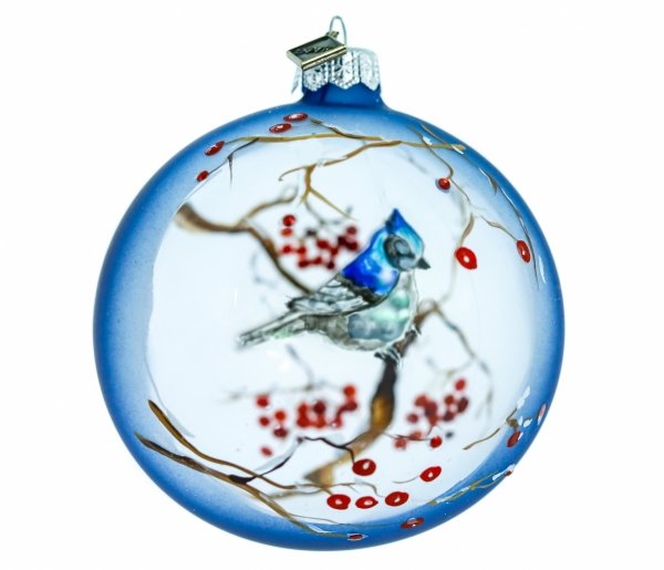 Szklana bombka choinkowa zimowy obrazek ptaszka