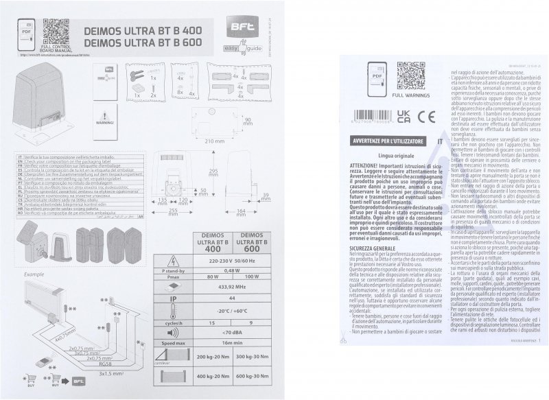 Zestaw BFT DEIMOS ULTRA BT B600 EE KIT do 600kg bram przesuwnych