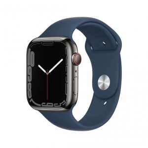 Apple Watch Series 7 45mm GPS + Cellular (LTE) Koperta ze stali nierdzewnej w kolorze grafitowym z paskiem sportowym w kolorze błękitnej toni