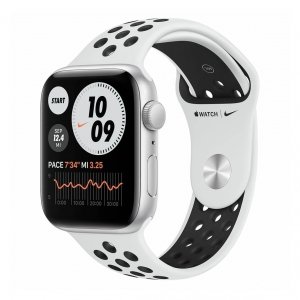 Apple Watch Nike SE 44mm GPS Aluminium w kolorze srebrnym z pasekiem sportowym Nike w kolorze czystej platyny/czarnym