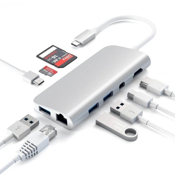 Satechi USB-C Multimedia HUB - Ethernet / USB 3.0 / USB-C PD / HDMI /mini DisplayPort / SD / microSD / Silver (srebrny)