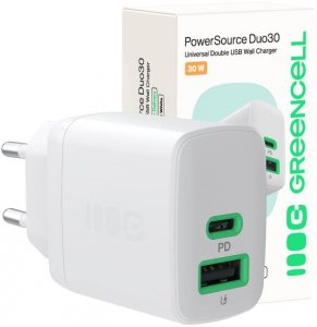 ŁADOWARKA SIECIOWA Greencell PowerSource Duo30 30W 1xUSB-C 1xUSB-A PD 3.0 QC 4.0+ biała