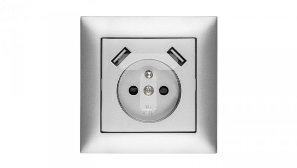 Sentia Gniazdo pojedyncze z/u 16A z USB 2x2,1A 5VDC z przesłonami i ramką srebrne GPT 2P+Z 2xUSB 1488-06