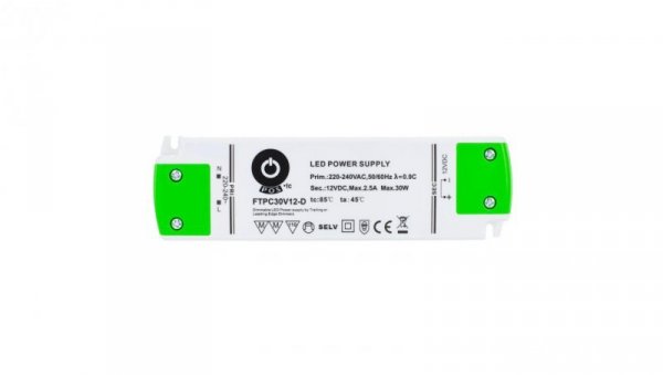 Zasilacz LED FTPC3012-D 30W 12V DC 2,5A meblowy TRIAC dimmable / ściemnialny