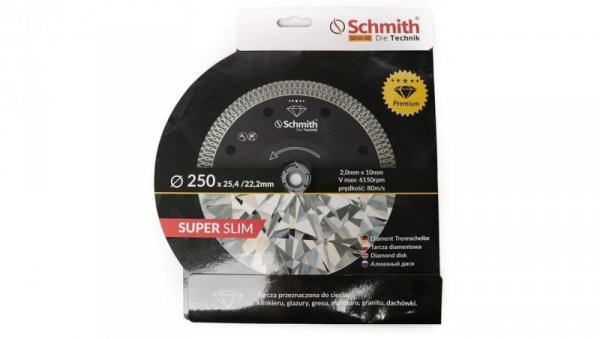 Tarcza diamentowa 250mm 25,4 / 22,2mm Premium Slim do gresu płytek Schmith