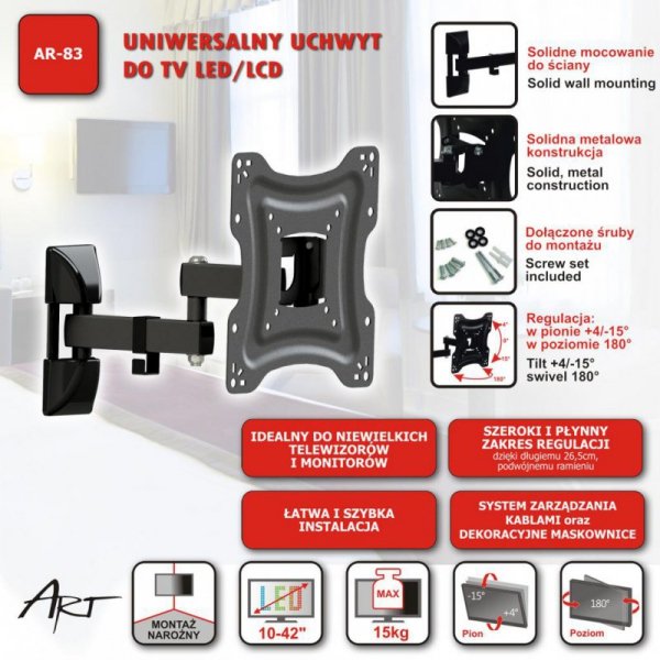 UCHWYT DO TV LCD/LED 10-42&quot; 15KG AR-83 ART reg.pion/poziom 26,5cm
