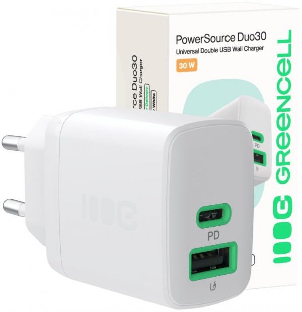 ŁADOWARKA SIECIOWA Greencell PowerSource Duo30 30W 1xUSB-C 1xUSB-A PD 3.0 QC 4.0+ biała