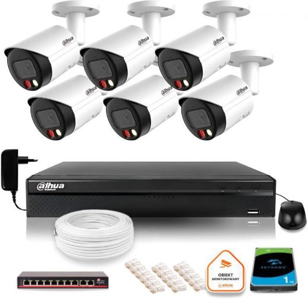 Zestaw monitoringu IP Dahua 6 kamer FullHD z podwójnych oświetleniem kolor w nocy