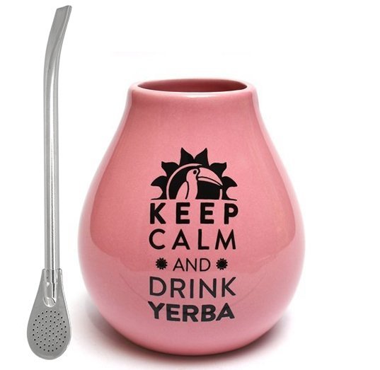 Matero Ceramiczne Różowe Keep calm and Drink Yerba Mate + BOMBILLA