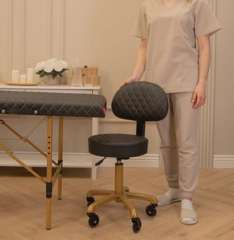 Pikowany taboret kosmetyczny płaski z oparciem CZARNY- ZŁOTY I-COUCOU