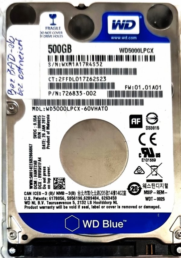 UŻYWANY dysk WD Blue WD5000LPCX 500GB SATA III  5400 obr./min.