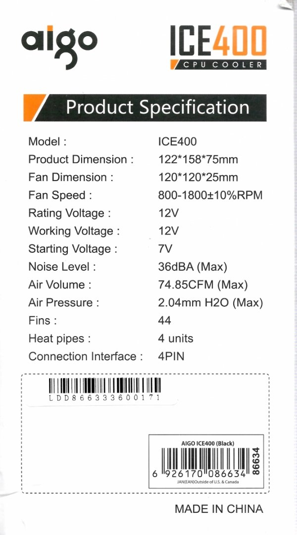 Wentylator DarkFlash AIGO ICE400 120mm LGA775/115X/1366/2011 AMD AM4/AM3/AM2/FM2
