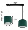 OUTLET -10% Regulowana lampa wisząca, prostokątna podsufitka, 2 welurowe abażury, 20 cm, kolor zielony, E27