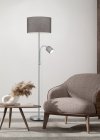 LAMPA PODŁOGOWA Z SZARNYM ABAŻUREM Z LAMPKĄ DO CZYTANIA NIKIEL MATOWY DO SALONU SYPIALNI HOTEL 403900211 TRIO