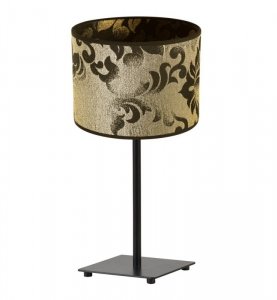 Lampka stołowa z materiałowym abażurem 20 cm, kolor złoty, czarny wzór, metalowy stelaż, E27