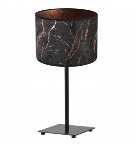 Lampka stołowa z materiałowym abażurem 20 cm, kolor czarny, miedziany wzór marmur, metalowy stelaż, E27