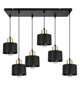 Lampa wisząca z prostokątną podsufitką 60 cm, 6 metalowych czarnych kloszy 12 cm ze złotym wykończeniem, E27