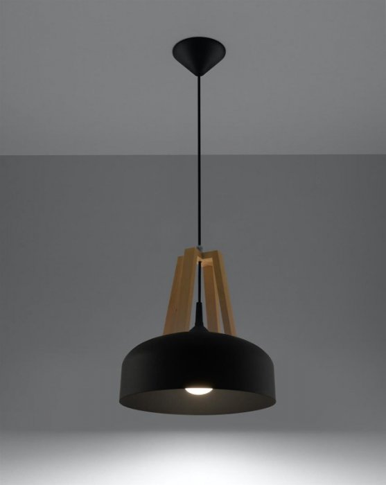 Lampa wisząca CASCO czarna/naturalne drewno nowoczesny zwis stal sufitowy E27 LED SOLLUX LIGHTING