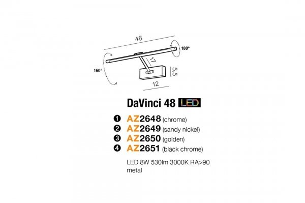 AZZARDO DAVINCI 48 AZ2649 KINKIET NOWOCZESNY REGULOWANY NIKIEL
