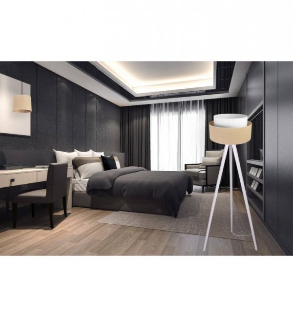 Lampa na drewnianym trójnogu, abażur juta typu tort biało-kremowy, 55 cm, E27 LIGHT HOME