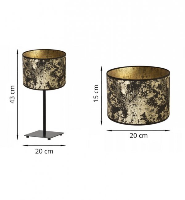 Lampa stołowa z materiałowym abażurem 20 cm, kolor złoty z czarnym wzorem, stelaż metalowy, E27 LIGHT HOME