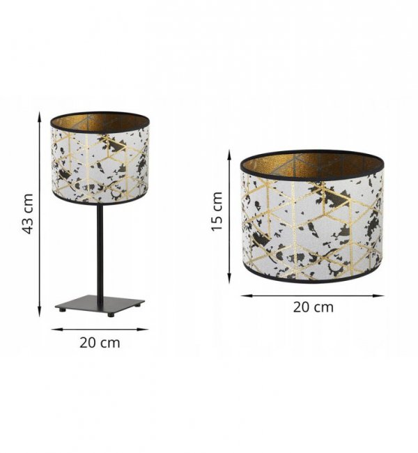 Lampka stołowa z materiałowym abażurem 20 cm, szary, złoty wzór geometryczny, metalowy stelaż, E27