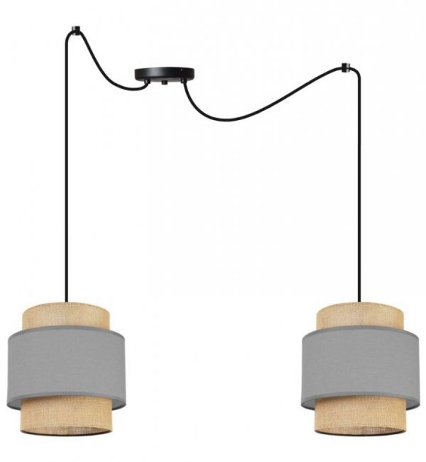 Lampa wisząca BOHO, pająk, czarna konstrukcja, szary, beż, dwa abażury z juty, regulacja wysokości LIGHT HOME