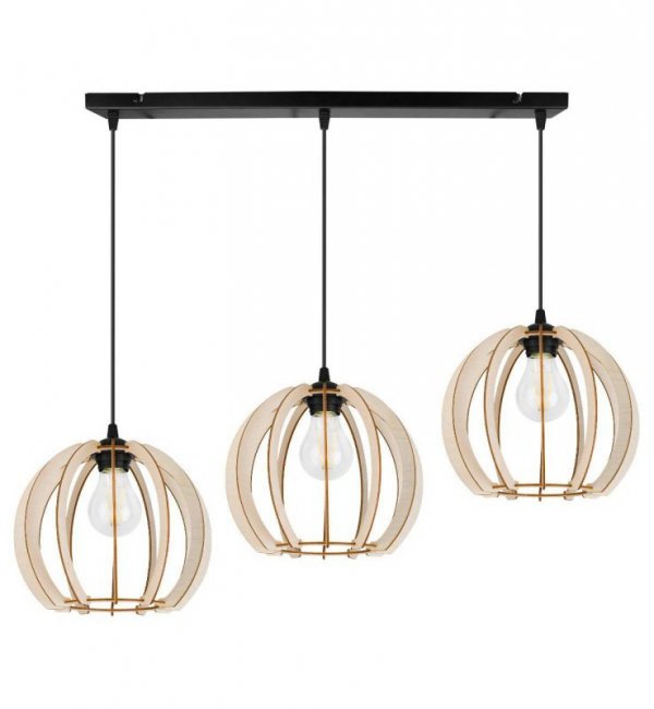 Lampa wisząca z szeroką listwą 60 cm, 3 okrągłe ażurowe klosze z drewna 24,5 cm, E27 LIGHT HOME