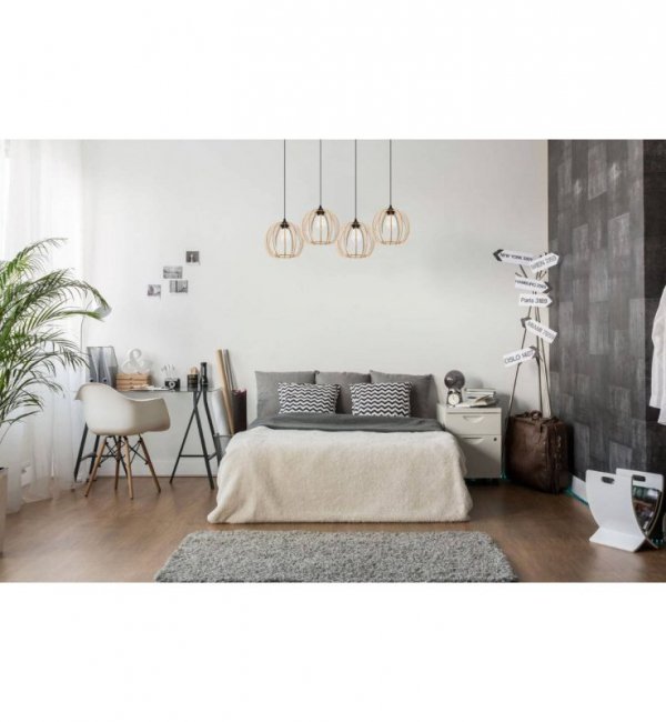 Lampa wisząca z szeroką listwą 80 cm, 4 okrągłe ażurowe klosze z drewna 24,5 cm, E27 LIGHT HOME