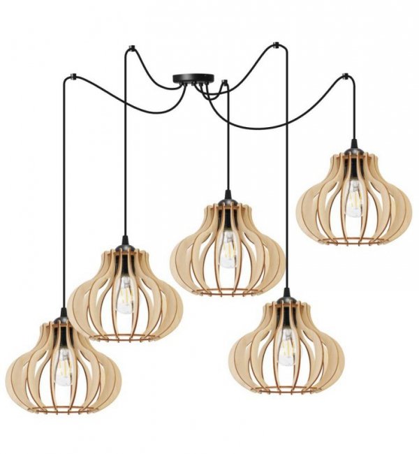 Lampa wisząca typu pająk, 5 drewnianych kloszy ażurowych o oryginalnym kształcie 23 cm, okrągła podsufitka, E27 LIGHT HOME