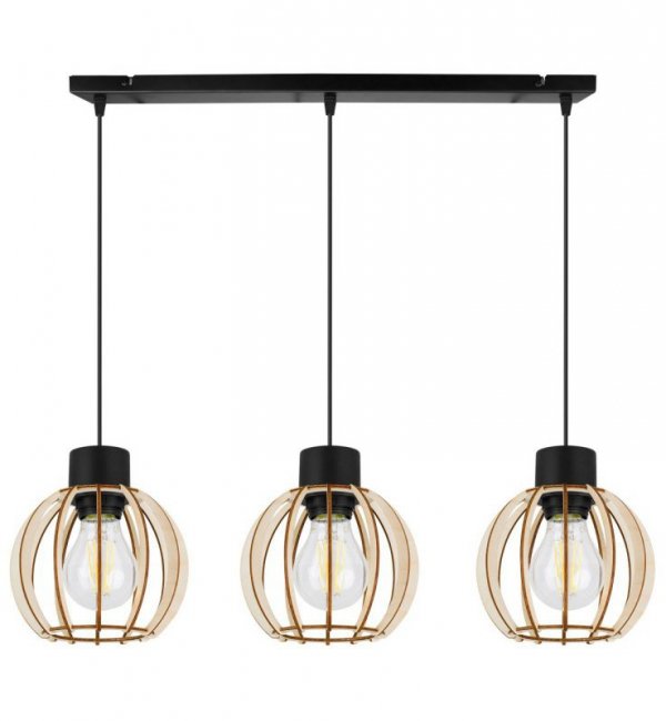 Regulowana lampa wisząca, prostokątna podsufitka, 3 klosze okrągłe z drewnianych lameli, 16 cm, E27 LIGHT HOME